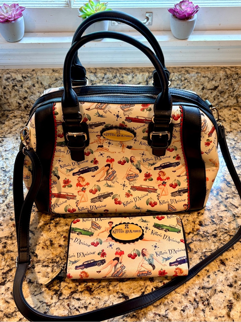Kitten D'Amour Cream Retro Print Satchel with Black Trim with Wallet